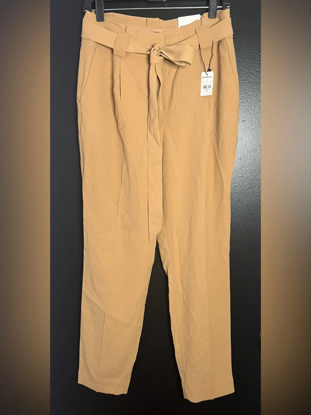EXPRESS High-Waist Tie-Belt Paperbag Pants in Camel - Picture 2 of 3